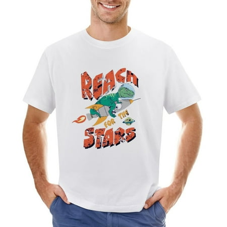 Dinosaur Traveling in Space with Rocket Men’s Graphic T-shirt Vintage Short Sleeve Sport Tee White L