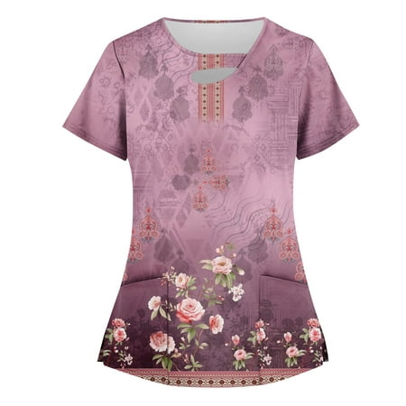 SENDKEEL Womens Summer Tops 5499 Women S Top Stretchy Fashion Print Work with Pocket Short Sleeve T-shirt