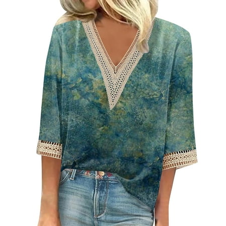 GDfun Summer Tops 5674 Lace Panel Collar Tops Women S Blouses Women S Casual Daily Tops 3/4 Sleeve V Neck Fashion Printed Shirts Lace Tops T-Shirt Pul