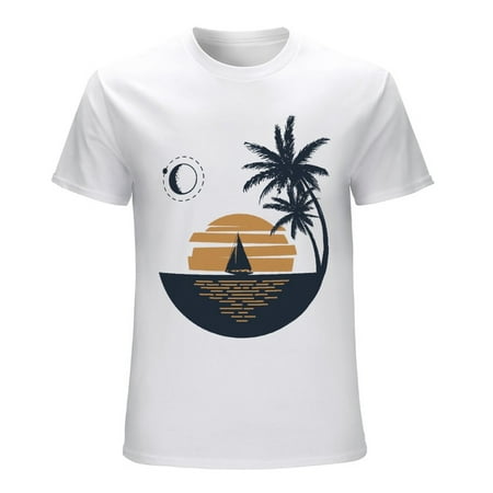 Sunset on Beach Men’s Graphic T-shirt Vintage Short Sleeve Sport Tee White L