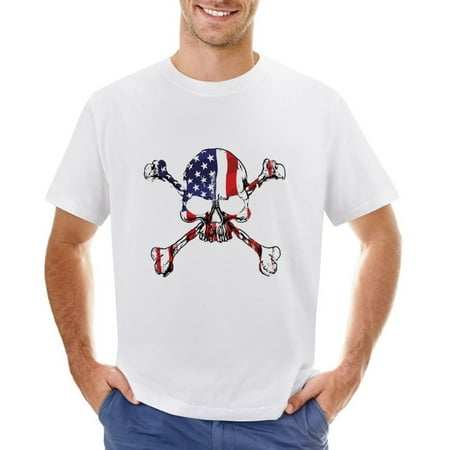 Skull US Flag T Shirt Graphic Design Men’s Graphic T-shirt Vintage Short Sleeve Sport Tee White L