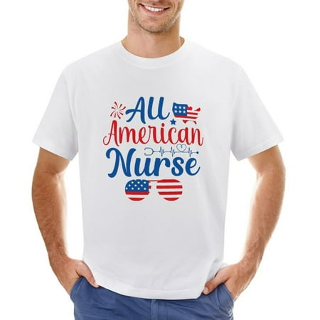 4th July Independence Day American Nurse Men’s Graphic T-shirt Vintage Short Sleeve Sport Tee White L