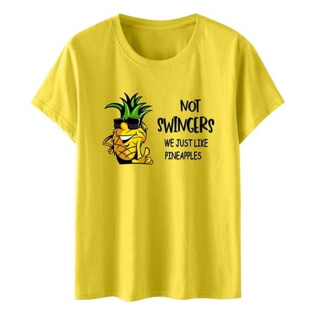 CLZOUD Cute Shirts for Women Trendy Yellow 2023 Spring and Summer Cute Pattern Waist Interesting Ladies Pineapple T Shirt Printed Top L