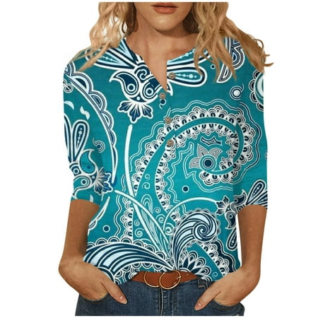 SENDKEEL Womens Summer Tops 2518 Women S New Button Collar Fashion Print 3/4 Sleeves Ethnic Print T-Shirt Slim Top Casual Tops