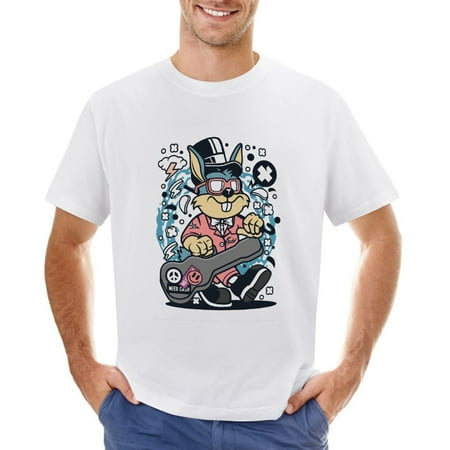 Rabbit Guitar Men’s Graphic T-shirt Vintage Short Sleeve Sport Tee White L