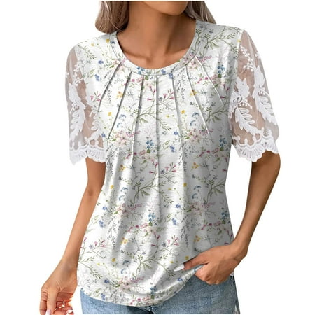 GDfun Summer Tops 5999 Women S Fashion Casual Loose Lace Short Sleeve Printed Pleated T-Shirt Top