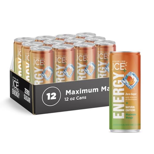 Sparkling Ice +ENERGY Maximum Mango Sparkling Water. Energy Drinks with Vitamins & Electrolytes  Zero Sugar  12 Fl Oz Cans (Pack of 12)