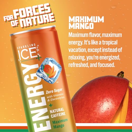 Sparkling Ice +ENERGY Maximum Mango Sparkling Water. Energy Drinks with Vitamins & Electrolytes  Zero Sugar  12 Fl Oz Cans (Pack of 12) thumbnail