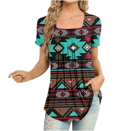 SENDKEEL Womens Summer Tops 6331 Women S Fashion Casual Top Square Neck Vintage Printed Short Sleeve T-shirt Top