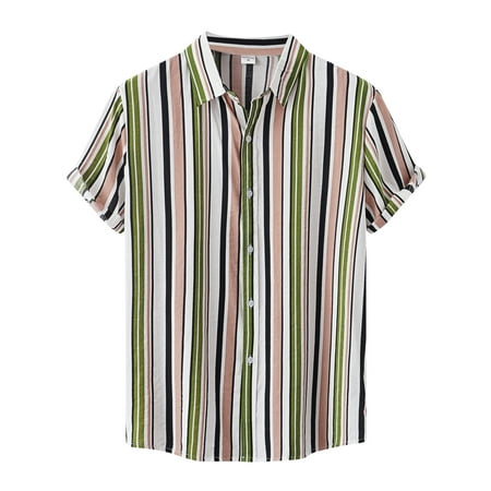 GWAABD Quick Dry T-Shirt Men S Casual Shirts Stripe Printed Shirt Short Sleeve Single Turn-Down Collar Shirt Soft Fashion Top