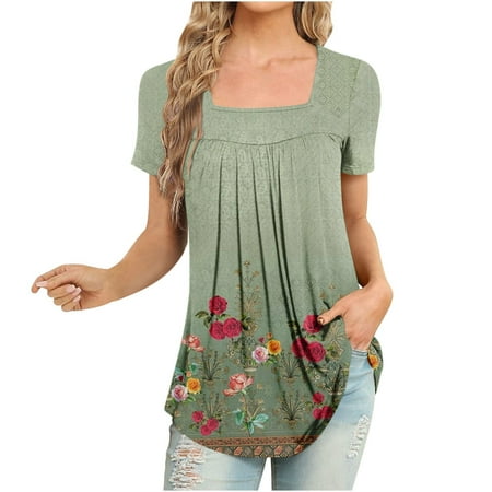 GDfun Summer Tops 7540 Women S Fashion Casual Top Square Neck Vintage Printed Short Sleeve T-shirt Top