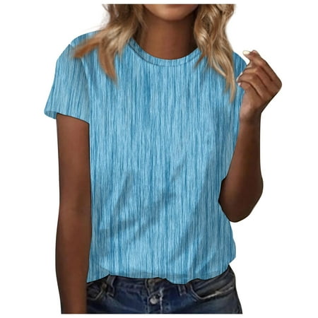 SENDKEEL Womens Summer Tops 2564 Women S Gradient Printed Short Sleeved Round Neck Front Shoulder Retro Short Sleeved Summer Loose Fitting Shirt Top