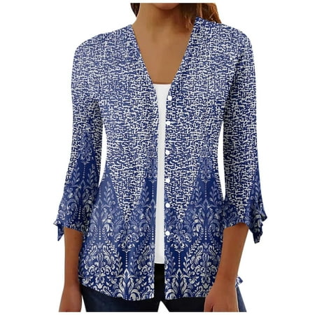 GDfun Summer Tops 6505 Women S Shirt Blouse Outerwear Print 3/4 Length Sleeve Casual Holiday Basic Button Tops