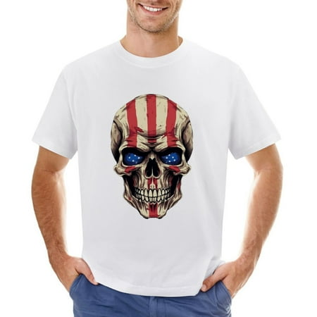 Skull Head with United States Flag Men’s Graphic T-shirt Vintage Short Sleeve Sport Tee White L