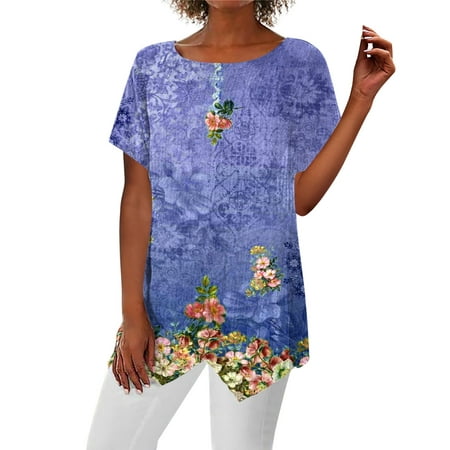 SENDKEEL Womens Summer Tops 3252 Women S Summer Shirt Blouse Print Short Sleeve Casual Basic Round Neck Irregular Hem T-Shirt