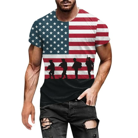 Independence Day Funny T Shirts for Men Stars and Stripes 3D Digital Printing Round Neck Short Sleeve Blouse 4th of July Graphic Tees Men White L