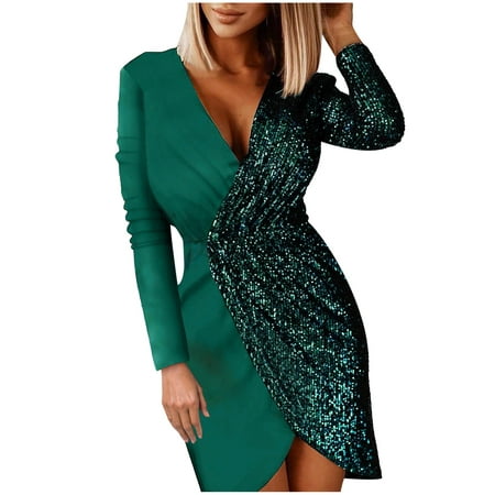 GWAABD Long for Women Ladies Autumn and Winter Dress V Neck Long Sleeved Dress Stitching Sequin Dresses Evening Party Dress