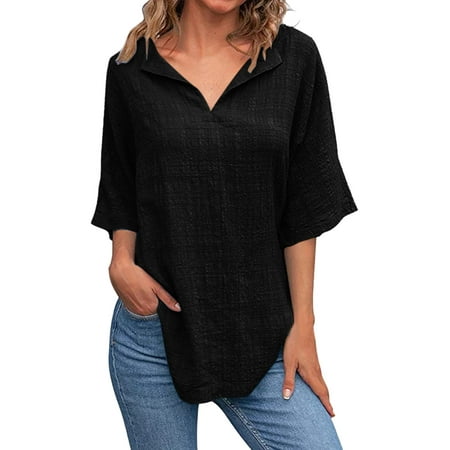 GWAABD Long Tee Shirts Womens Solid Color V Neck Shirts Short Sleeve Cotton Linen Tee Blouse Summer Loose Fit Casual Tunic Tops