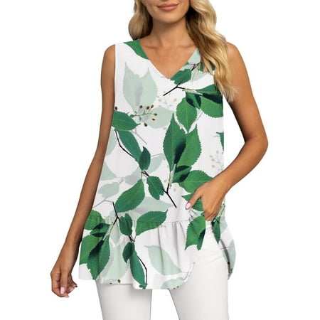 GWAABD Casual Loose Fit Plus Size Tank Tops Ladies Summer Sleeveless V Neck Chiffon Tank Top Double Pleat Hem Casual Shirt Tunic Top
