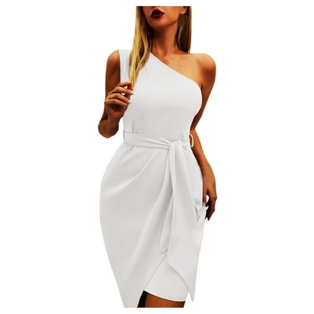 CLZOUD Summer Dresses for Women White Polyester Women S Asymmetrical Elegant Inclined Shoulder Solid Sleeveless Belt Party Dress M