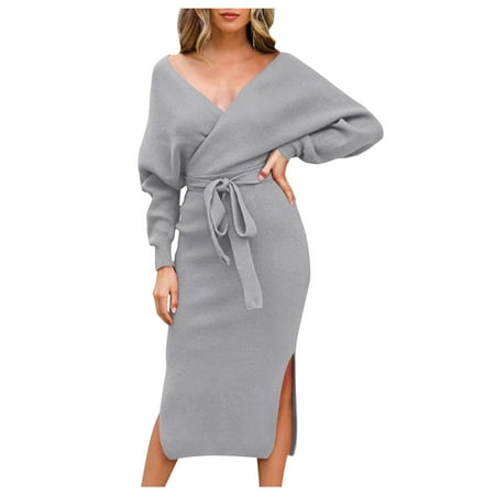 CLZOUD Summer Dresses Casual Grey Waffle Women S Knit Sweater V Neck Wrap Knit Dresses Batwing Sleeve Sweater Dresses M