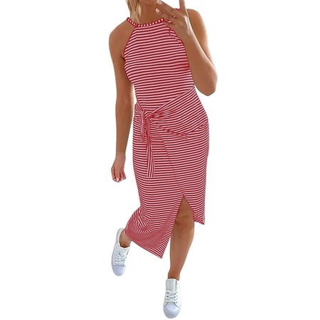 Casual Dress for Women Summer Neck Sleeveless Striped MIDI Wrap Waist Elegant Tank Dresses