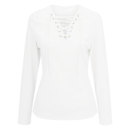 CLZOUD T-shirt Womens White Women S Spring Autumn and Winter Long Sleeve Solid V Neck Slim Knitted Tied Top M