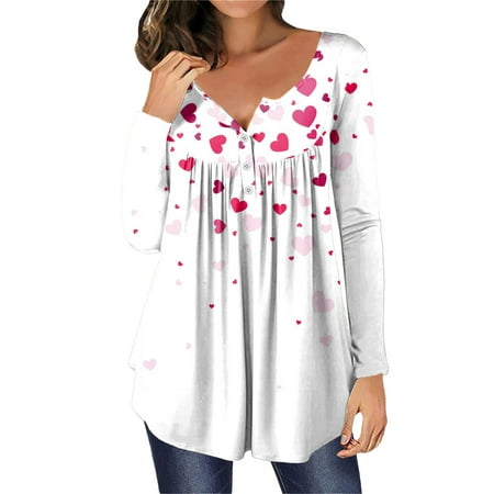 CLZOUD T Shirts Shirts for Women Casual White Womens Casual Long Sleeve Love Print T Shirt Button Top Xxl