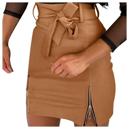 GWAABD Women S High Waist Skirt Tie Skirts Women Leather Skirts High Waist Mini Skirt a Line PU Mini Zipper Skirt Streetwear