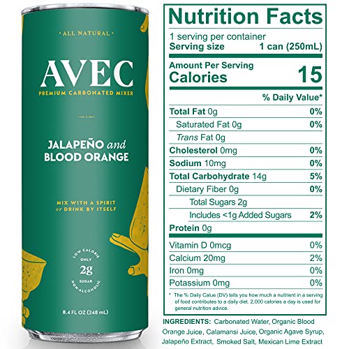 AVEC Jalapeño & Blood Orange Soda & Mixer - 12 Pack, 8.45 Oz | Sweet & Spicy Flavor Sparkling Water Seltzer Cans | Botanical Fresh Juice Cocktail Mix thumbnail