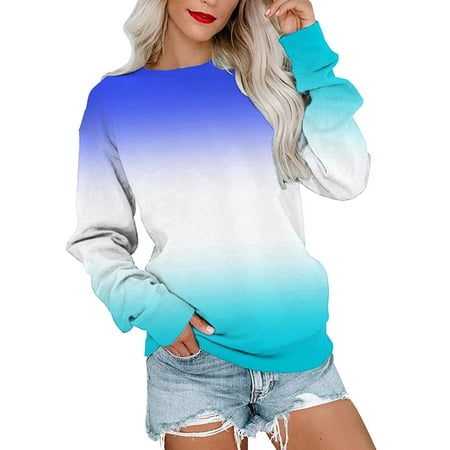 GWAABD Casual Sweatshirt Womens Casual Round Neck Sweatshirt Long Sleeve Top Gradient Color Matching Pullover Loose Version Pullover Sweater