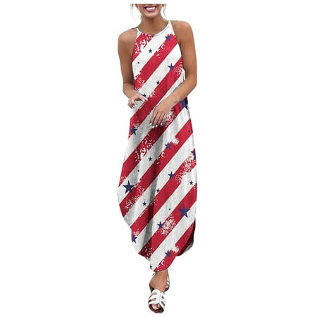 Perfect Summer Gift HIMIWAY Maxi Cheap MIDI Wedding Guest Plus Size Women 9546 Summer Loose Casual Large Size Independence Day V-Neck Sleeveless Dress