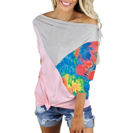 CLZOUD Women T Shirts Casual Sky Blue Women One Line Neck Printed Patchwork Contrast Loose Casual Three Quarter SleevesTop M