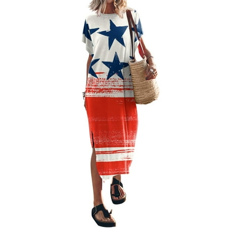 Perfect Summer Gift HIMIWAY Maxi Cheap MIDI Wedding Guest Plus Size Women 7668 Summer Loose Casual Large Size Patriot V-Neck Sleeveless Dress Red M