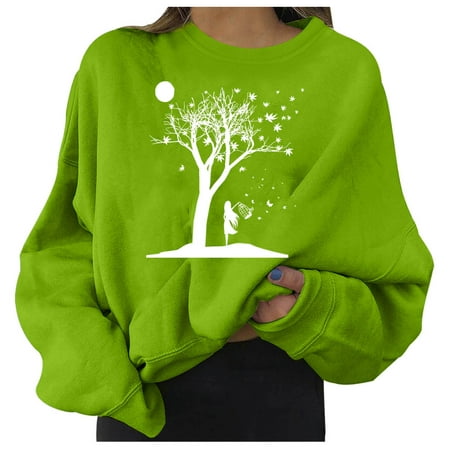 GWAABD Sweatshirts Women Loose O-Neck Print Long Sleeves Pullover Blouses Easy Top