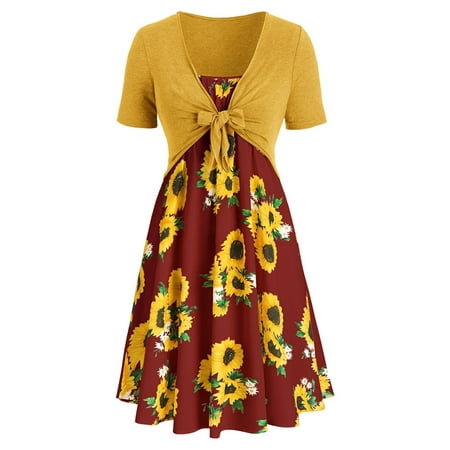 Casual Dress for Women Summer Sunflower Print Short Knot Top Bandage Suit Sleeve Mini Bow Dresses