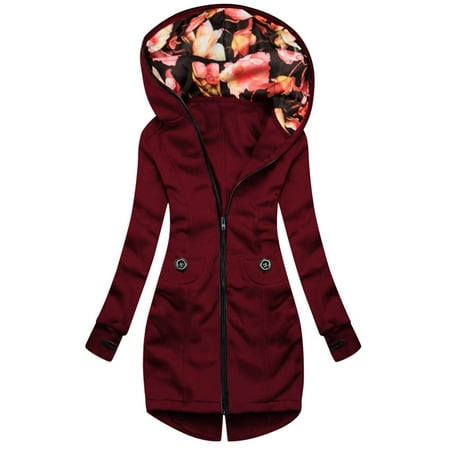 GWAABD Plus Size Zip up Hoodies for Women Casual Floral Print Hooded Solid Color Coat Zipper Pocket Overcoat Jacket