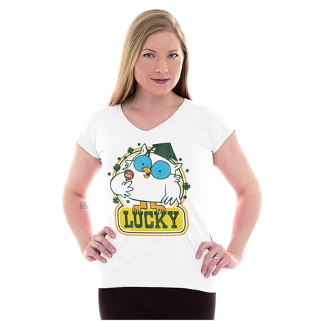 Saint Paddys Lucky Tootsie Pop Owl Women S Petite V-Neck T Shirt Brisco Brands L