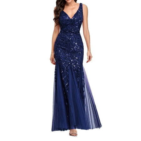 GWAABD Formal Dresses for Women Wedding Guest Womens Fishtail Evening Dresses Embroidered Sleeveless V Neck Wedding Bridesmaid Evening Long Dress Floo