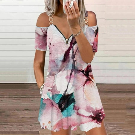 Dresses for Women 2023 Beach Boho Sundress Off Shoulder Tunic Mini Dress Summer Casual Loose Floral Print Party Dress