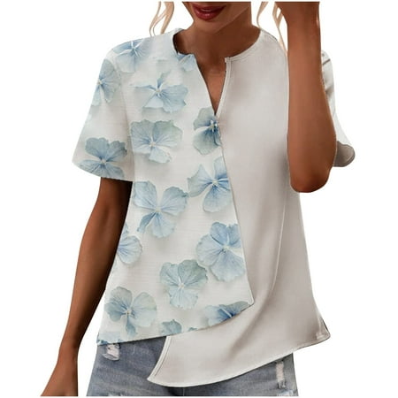 CLZOUD Womens Tops and Blouses Fashion White Women S Patchwork Color Patchwork Printed V Neck Irregular T Shirt Top M