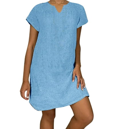 Casual Dress for Women Summer V Sleeve Neck Solid Short Dresses