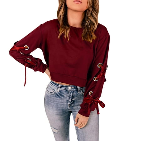 CLZOUD Smart Casual Shirts for Women Women Fashion Trend Round Neck Solid Color Pullover Casual Bandage Long Sleeved T Shirt S