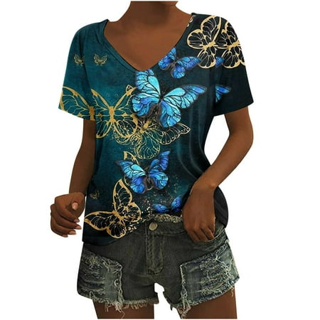 CLZOUD Womens Tops Casual Summer Blue Women S Elegant Short Sleeve Top Fashion Casual Printed V Neck T Shirt L