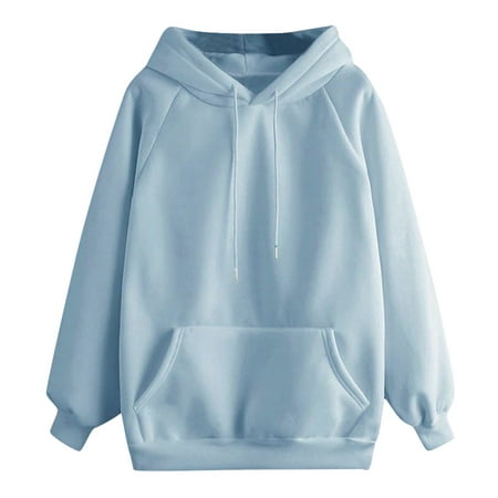 CLZOUD Women S Sweatshirt Sweatshirt Solid Color Pullover Casual Drawstring Hooded Long Sleeve Pocket Coat Blue L