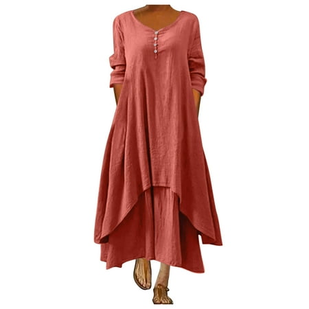 CLZOUD Casual Dress for Women Orange Polyester Women Casual Solid Dress O-Neck Long Sleeve Irregular Loose Long Dress Xl