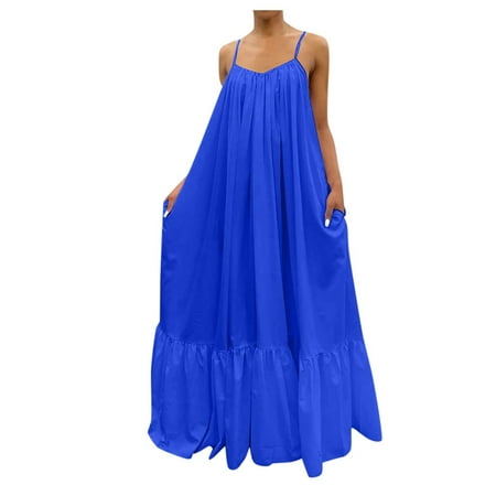 Casual Dress for Women Summer Loose Strap Solid Backless Pocket Swing Big Fashion Dresses