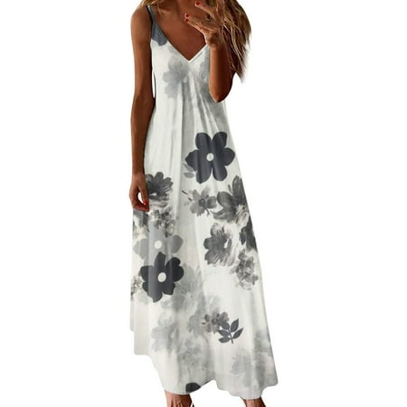 Casual Dress for Women Summer Sleeveless V Neck Long Flower Print Dresses