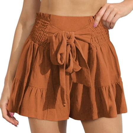 CLZOUD Womens Dresses Casual Summer Red Spandex Womens Strappy Ruffled Fashion Wide Leg Shorts with Draped Fashion Casual Culottes M