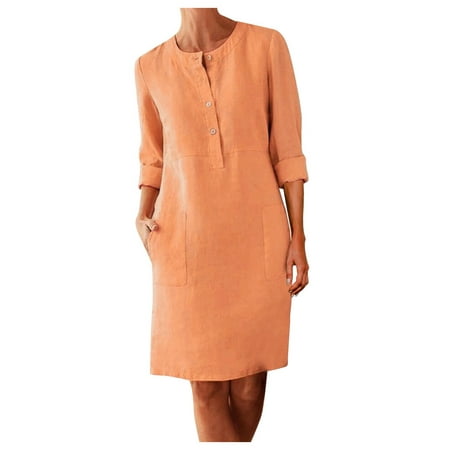 Casual Dress for Women Summer Round Neck with Buttons Boho Knee-Length Loose Dresses